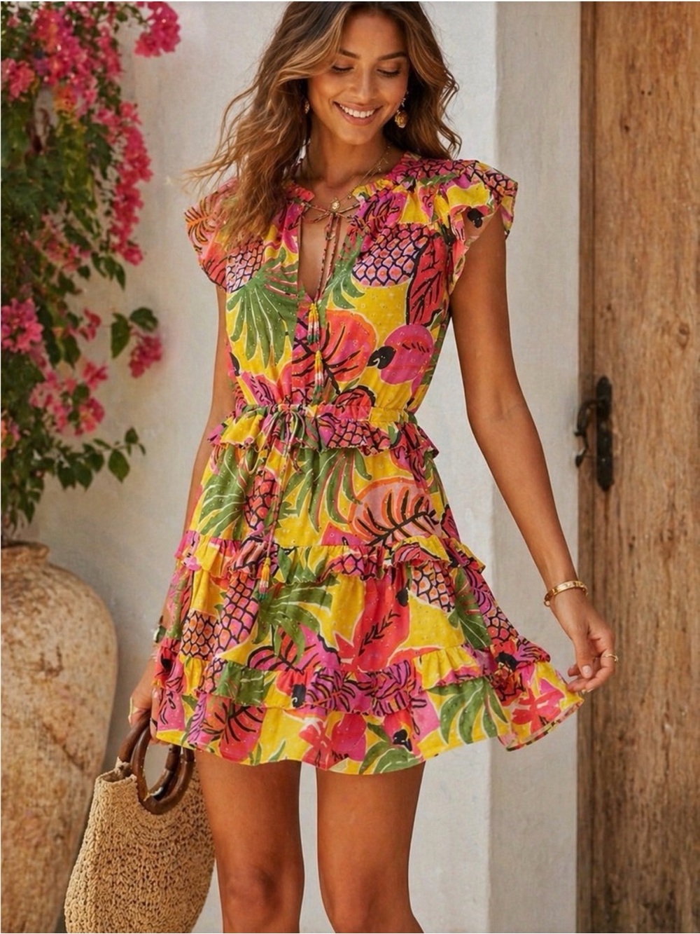 FARM Rio Yellow Pink Green Tropical Print Mini Dress